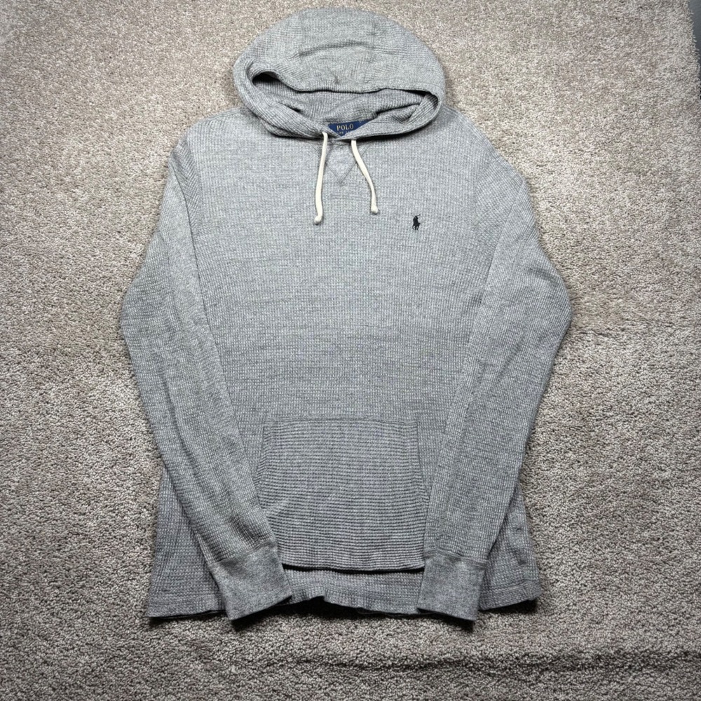 Polo Ralph Lauren Mens‎ Gray Waffle Knit Thermal Hoodie Cotton Logo Large L